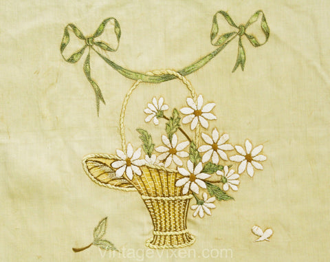 Antique Daisy Textile - Art Nouveau 1900s Edwardian Bride's Basket in Hand Embroidery - Garland Ribbon Bows - Neutral Ecru White Blue Green