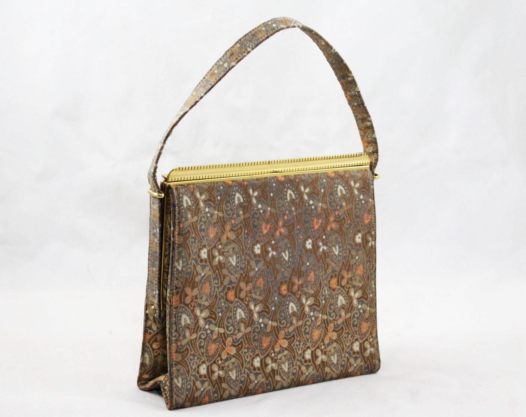 50s Evening Purse - Gold & Fawn Floral Metallic Satin Brocade