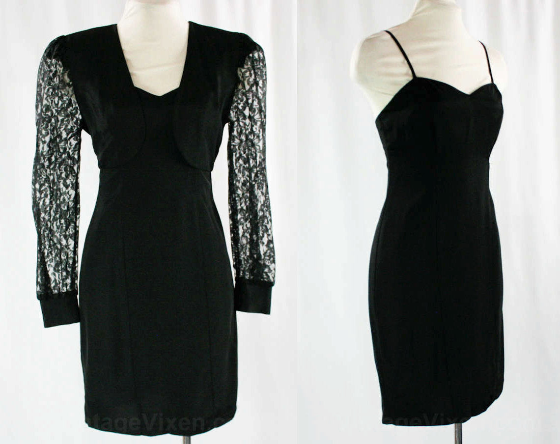 Size 2 Sexy Black Dress - 1990s Fitted Dress & Lace Panel Bolero Jacke Vintage Vixen Clothing Size 2 Sexy Black Dress - 1990s Fitted Dress & Lace Panel Bolero Jacke Vintage Vixen Clothing
