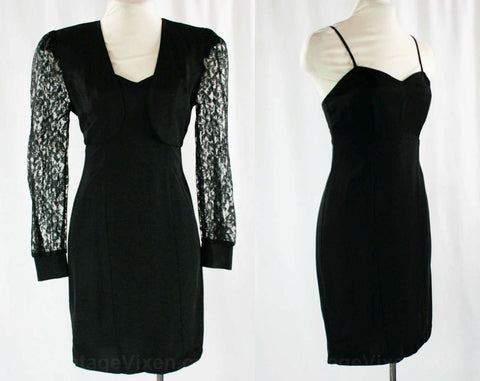 Size 2 Sexy Black Dress - 1990s Fitted Dress & Lace Panel Bolero Jacket - XXS Mini Dress - 90s LBD - Strappy Cocktail - Bust 31.5 - 43556