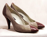 Size 6.5 Retro Heels - 40s Look Gray & Burgundy Leather Shoes - 1980s Retro Style - 1940s Inspired Shoe - Lattice Stitching - 6 1/2 M