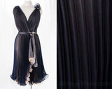Size 6 Cocktail Dress - Beautiful Navy Blue & Fleshtone Pink Sheer Pleats - Gorgeous Wrap Design - Alluring 1970s Party Dress - Bust 34