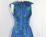 Size 4 Sun Dress - Blue & Green Silk 50s Summer Frock - 1950s Girl Next Door - Hydrangea Floral Polka Dot Scarf Silk with Corsage - Bust 33