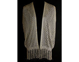 Silky Ivory Shawl Style 1970s Shrug with Fringe - Size XL - Antique Look - Boho - Open Front - 70s Vest Wrap - Bust up to 48 - 35219-1