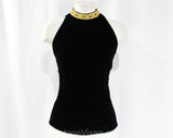 Size 8 Black Velveteen Top with Jeweled Choker Collar - 1960s Cocktail Hour Formal Blouse - Chic Sleeveless Mid Century Regency - Bust 35.5