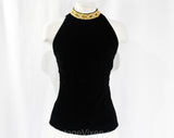 Size 8 Black Velveteen Top with Jeweled Choker Collar - 1960s Cocktail Hour Formal Blouse - Chic Sleeveless Mid Century Regency - Bust 35.5