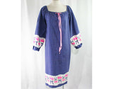 Size XXL 60s Flannel Nightie - Long Sleeve Nightgown - Blue Polka Dot - Pink Floral Border Print - Mint Condition - Size 26 - Bust 55