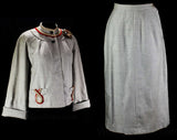 Size 6 1940s 50s Suit - Grey Wool Tailored Jacket & Skirt - Flax Braid and Red Fringe - Paisley Corsage and Matching Flash Lining - Waist 26