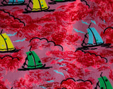 1940s Silk Fabric - 4 Yards Pink Sailboats 40s Novelty Print from Italy - Deadstock Dress Shop Yardage - Salmon Blue Yellow Green Fine Crepe
