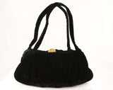 1940s Black Velvet Handbag - Formal Purse - 40's 50's Accessories - Winter Classic Bag Two Handles - 1950s Small Purse with Brass Deco Clasp
