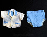 1950s Baby Boy's Blue Plaid Shirt & Short - Size 6 Months - Little Ricky - Boys Summer 50s Outfit - Waterproof Diaper Cover - 29811-1