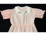 Quaint Girls Pink Cotton Dress - Girl's Size 10 Summer Frock with Flowers - 50s Childs Charming Portrait Style - Cute Appliques - Bust 31