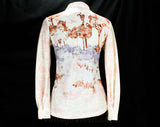 Size 6 Disco Shirt - 1970s Landscape Trees Scene Print Top by Loubella - Small Long Sleeved 70's Blouse - Pink Purple & Rust - Bust 34