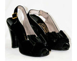 Size 5 1930s Black Suede Peep Toe Shoes with Bows - Glam Authentic 30s 40s High Heels - Hollywood Starlet Style NOS Deadstock - Unworn
