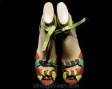Size 8 1940s Tropical Sandals - 40s Open Toe Leather Shoes with Sexy Ankle Strap - Coral Orange Chartreuse Yellow Jade Green - Narrow Width