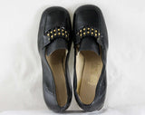 Size 6 Black Shoes - Wide Width 1960s Pumps - Slick Wet Look Vinyl - 60s Studded Ribbon Candy Detail - Charm Step - NOS Deadstock - 46994-1