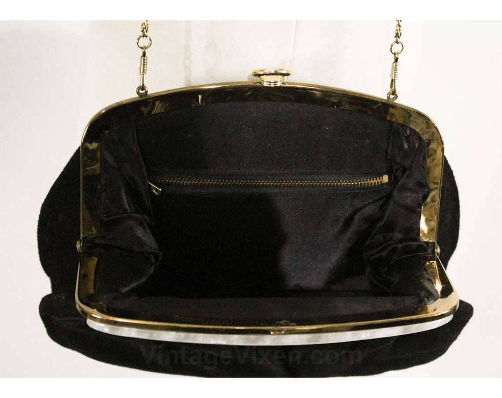 1950s Black Shoulder Bag - Round 50s Wool Handbag with Chainlink Strap –  Vintage Vixen Clothing