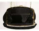 1950s Black Shoulder Bag - Round 50s Wool Handbag with Chainlink Strap - Pearlescent White Lucite Trim - Detachable Chain Strap - 48970