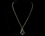 Amethyst Purple Glass Necklace - Victorian Revival 1960s 1970s Jewelry - Faux Stones - Art Nouveau Pendant & Chain - Antique Style Repro