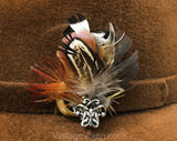 1960s Men's Brown Hat - Handsome Chestnut Fur Felt Mens Fedora Style with Pheasant Feather Cockade - Designer Oleg Cassini - Size 7 1/8