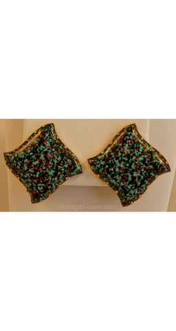 Chic 1950s Earrings - Moroccan Style Turquoise Fleck Art Glass Jewelry - Blue & Red 50s Square Tile Stars - Clip On - 35655