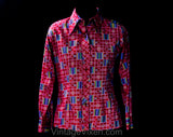 Size 6 70s Shirt - Red Patchwork Print 1970s Cotton Inspired by Kente Cloth - Small Long Sleeve Casual Top - San Francisco Hippie - Bust 36