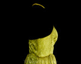 Size 8 1930s Evening Dress - Citron Yellow Rayon Satin Floral Brocade Formal Gown - Authentic 30s Party Frock - Braided Halter - Waist 27