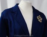 Size 12 Navy Polyester Jacket & Gypsy Style Brooch - 1970s Dark Blue Suit Blazer - Hand Painted Daisy Flower Pin - West Germany - Bust 40.5