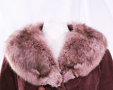 Size 12 Winter Coat with Lavender Purple Fox Collar - Large 1960s 70s Overcoat with Pockets - Brown Velour & Unique Color Fur - Bust 38