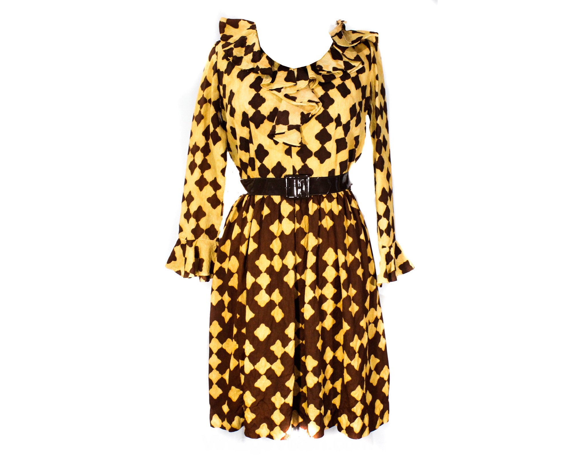 Size 10 1960s Ruffled Dress - Coffee Brown Crinkle Crepe Fit & Flare 6 Vintage Vixen Clothing Size 10 1960s Ruffled Dress - Coffee Brown Crinkle Crepe Fit & Flare 6 Vintage Vixen Clothing