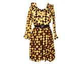 Size 10 1960s Ruffled Dress - Coffee Brown Crinkle Crepe Fit & Flare 60s Frock with Belt - Go-Go Style Ruffle Collar and Cuffs - Waist 29