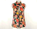 Size 000 Bohemian Vest - 1960s 70s Quilted Floral Sleeveless Tunic Top - Asian Mandarin Collar - Brown Fuchsia Pink Orange - Bust 30 - XXS