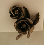 Romantic 1950s Antique Inspired Roses Pin & Earrings - Dark Silvertone Metal - 50s Demi Parure - Clip Earrings - Classic Victorian - 34037-1