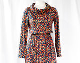 Size 6 Feather Print Dress - 1970s Soft Jersey Knit - Denim Blue Khaki & Coral Orange - 70s Spring Fall - Blouson Bodice with Cowl Neckline
