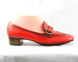 Size 6.5 Orange Shoes - Unworn Retro 1960s 1970s Mod Pumps with Loafer Styling - Tango Red Orange Leather - 6 1/2 M Deadstock NIB - 48192