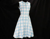 Size 6 1950s Sun Dress - Turquoise Blue & White Faux Quilted Cotton - Novelty Dangles - 50s Early 60s Sleeveless Summer Frock - Bust 34