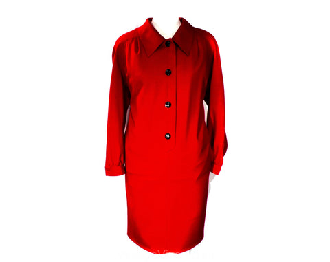 Size 12 Valentino Dress - Red Wool Challis 80s Designer Boutique Sheath - Long Sleeved Tailored Shirtdress with Black Buttons - Bust 40