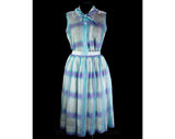 Size 6 1950s Summer Dress - Turquoise & Purple Sleeveless Top with Full Skirt - Sheer Cotton Gauze and Tulle - 50s Picnic Chic - Waist 26