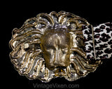 Medium Leopard Print Belt with Huge Lion's Head Buckle - Size 10 to 12 Wild Cat 1980s Designer Mimi di N Dated 1987 - Bold African Animal
