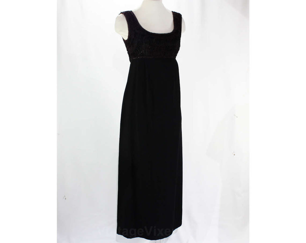 Size 6 Black Evening Dress - Audrey Style 1960s Empire Waist Gown - El Vintage Vixen Clothing Size 6 Black Evening Dress - Audrey Style 1960s Empire Waist Gown - El Vintage Vixen Clothing