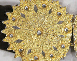 Size 10 Designer Belt - Couture Quality 1960s Chocolate Brown Suede Belt with Gorgeous Brassy Gold Metal Disks - Morris Moskowitz - 29545
