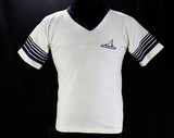 Men's Small Souvenir T Shirt - 80s Piedmont Airlines Tee - White Cotton Knit with Navy Blue Stripes - Short Sleeved V Neck - Chest 36