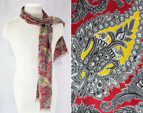 1940s Rayon Print Scarf - 40s Red & Yellow Paisley Muffler - Gray Flourishes Cold Rayon - Smoking Jacket Style - 40's Rectangular Scarf