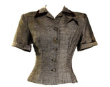 Size 6 1940s Suit Jacket - WWII Era Chocolate Brown Striped Summer 40s Short Sleeve - Velveteen Trim - Nip Waisted Office Wear - Waist 26