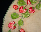Strawberries Round Linen - Antique Arts & Crafts Cotton Centerpiece - 1900s - 1910s - Botanical Strawberry Embroidery - Hand Painted - 43889