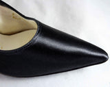 Size 7 1/2 Black High Heel Shoes - 1950s Glossy Satin Stilettos - Elegant 50s Pointed Toe 4-Inch Heel - Mid Century Cocktail Evening - 7.5 M