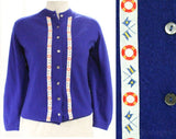 Size 14 Cashmere Cardigan - 1950s Cobalt Blue Button Front Sweater - Nautical Ribbon - Luxury Knit - Large 50s 60s Sailor Style - Bust 48