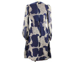 Size 6 Couture Quality Dress - Navy Blue & White Mod Floral 60s Silk Chiffon - 1960s Cocktail with Corset Lace-Up - Long Sleeve - Bust 33.5
