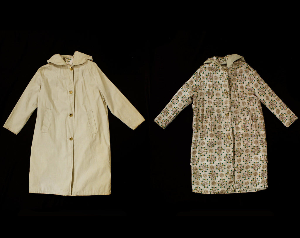 Girl's 1960s Raincoat - Reversible Child's Coat with Hood - 60s Preppy Khaki Tan Cotton & Medallion Print - Spring Rain Duster - Chest 39
