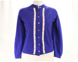 Size 14 Cashmere Cardigan - 1950s Cobalt Blue Button Front Sweater - Nautical Ribbon - Luxury Knit - Large 50s 60s Sailor Style - Bust 48